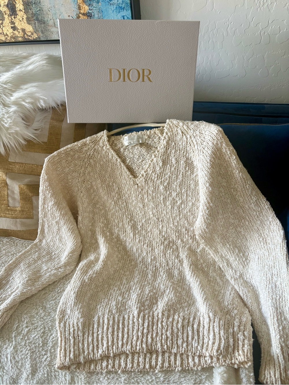 GORGEOUS Auth DIOR KNIT TOP white Cream VNeck WomenSweater Cotton Mix Summer BOX